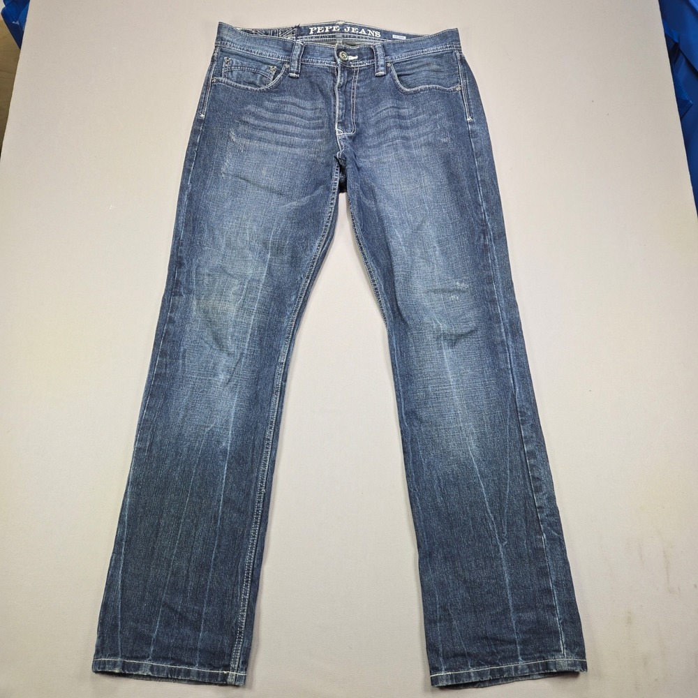 Pepe Jeans London Straight Leg Distressed Medium Wash Blue Denim Mens‎ 34x33